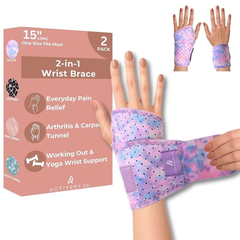 Activery Co Carpal Tunnel Wrist Brace Left Hand, Right Hand for Women, Day or Night Compression Wrist Support Brace for Fitness, Keyboard Use, or Overnight Support, 2 Pack, Purple Tie Dye Print - Image 1